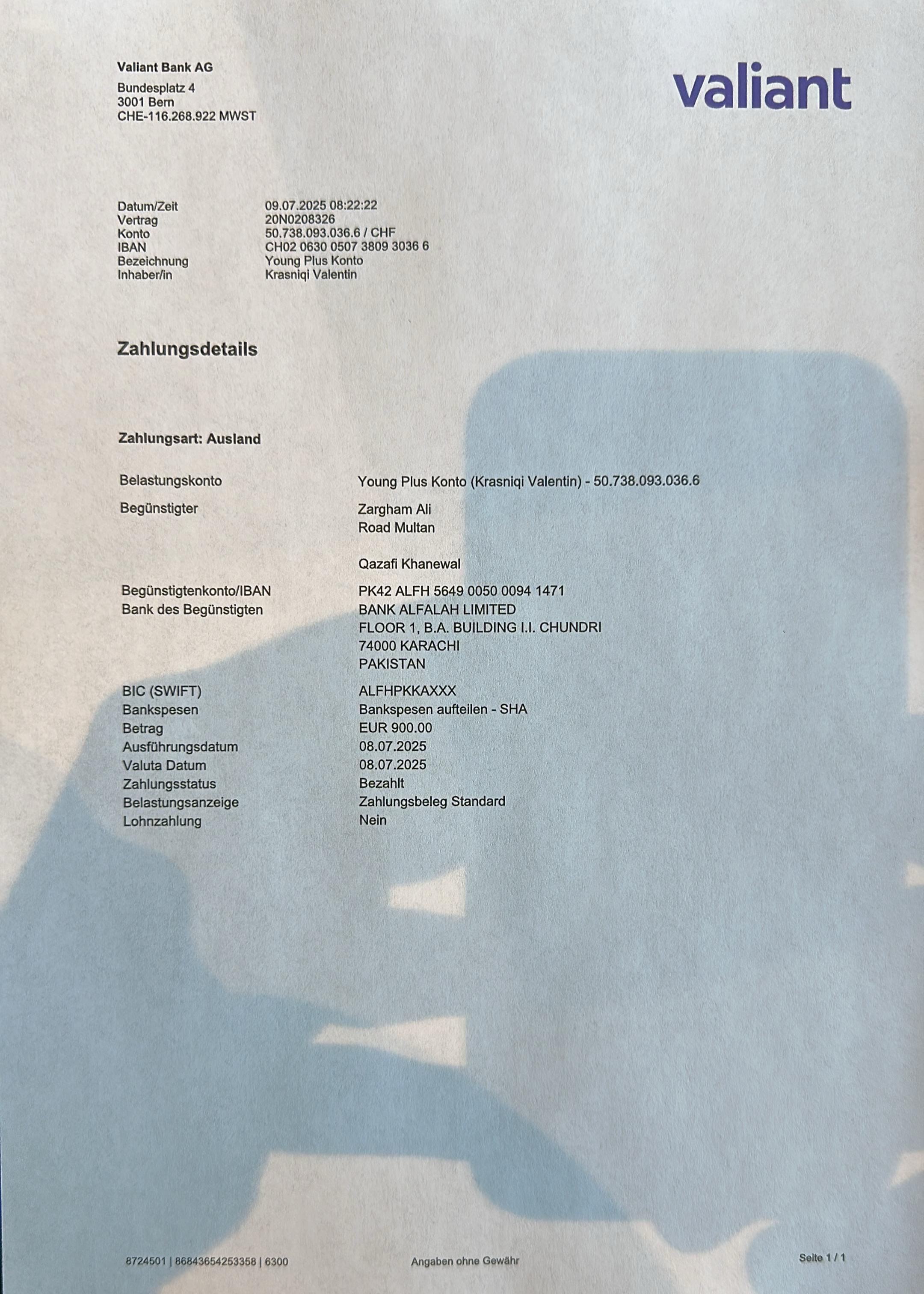 Gefälschte Valiant Bank Urkunde Valentin Krasniqi